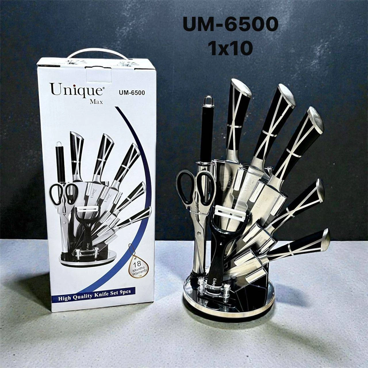 سرویس چاقو آشپزخانه یونیک مکس مدل UM-6500 مجموعه 9 پارچه پایه‌دار