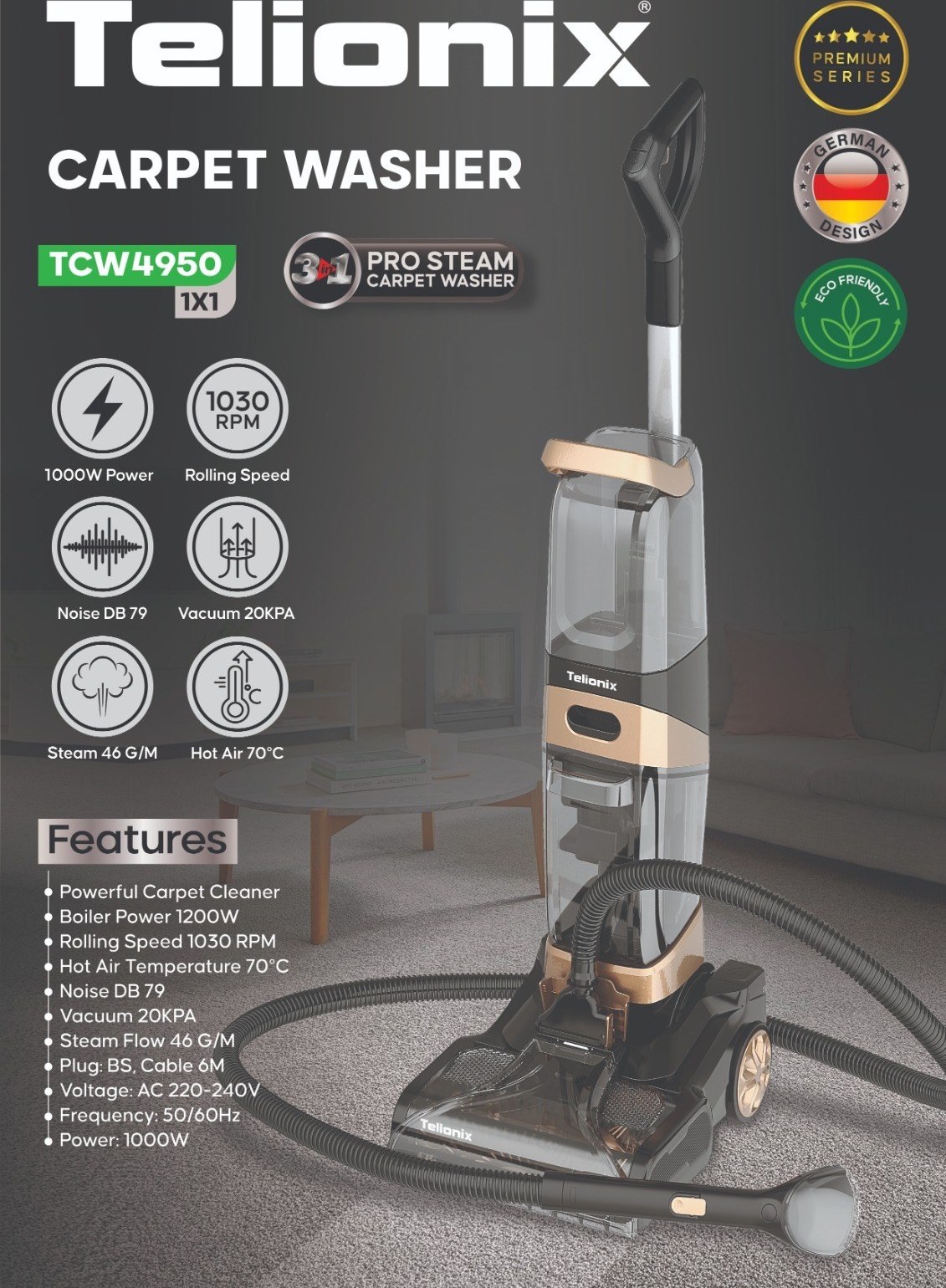 فرش شوی و مبل شوی تلیونیکس مدل TCW4950 با بخار ۷۰ درجه و مکش ۲۰ کیلوپاسکال